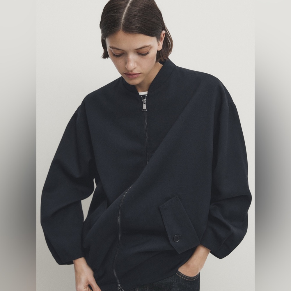 NWOT Massimo Dutti Women's Navy Long Bomber‎ Jacket Medium/Large Quiet Luxury